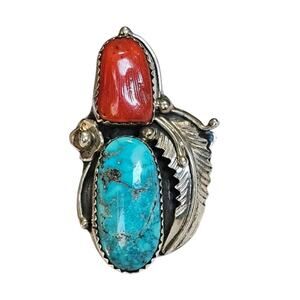 Vintage Navajo Turquoise & Coral Sterling Knuckle Length Statement Ring